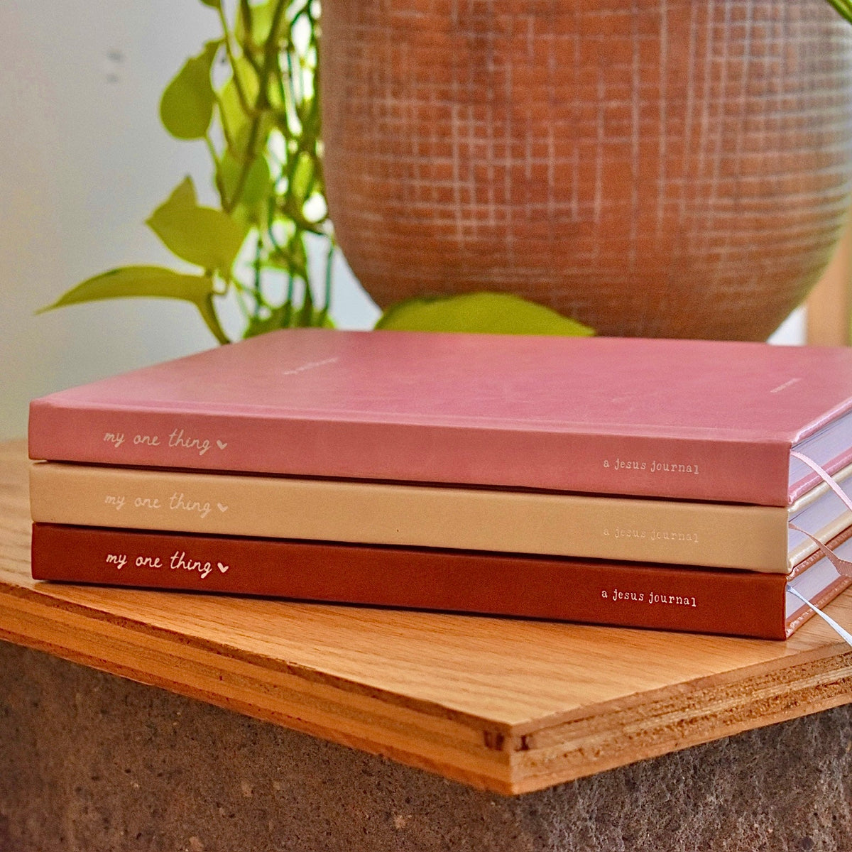 128-page hardcover vegan leather journal to collect your quiet time downloads.
